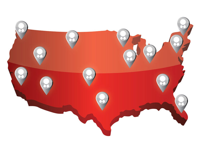 Map of the United States with Several Graphic Pins