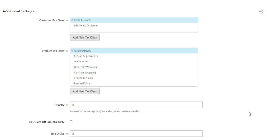 Magento tax rules additional settings