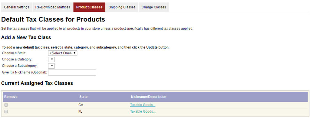 AccurateTax for Miva Merchant Screenshot - Default Product Classes