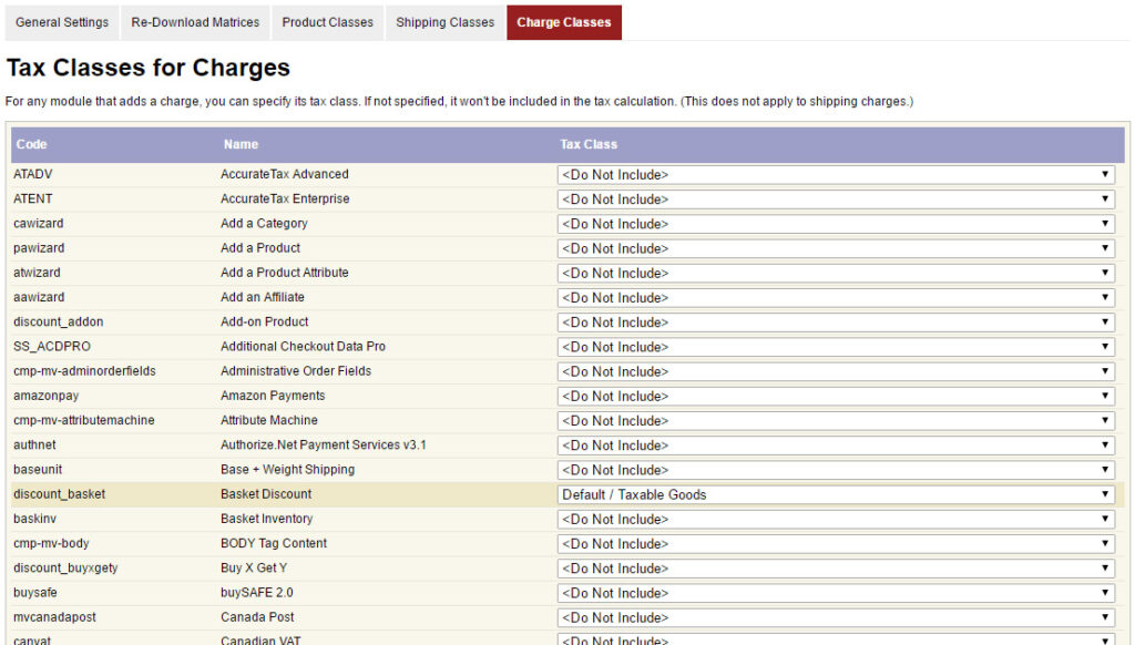 AccurateTax for Miva Merchant Screenshot - Default Other Charge Classes